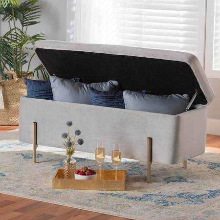 Baxton Studio Rockwell Contemporary Glam and Luxe Grey Velvet Upholstered and Gold Finished Metal Storage Bench 198-12210-ZORO